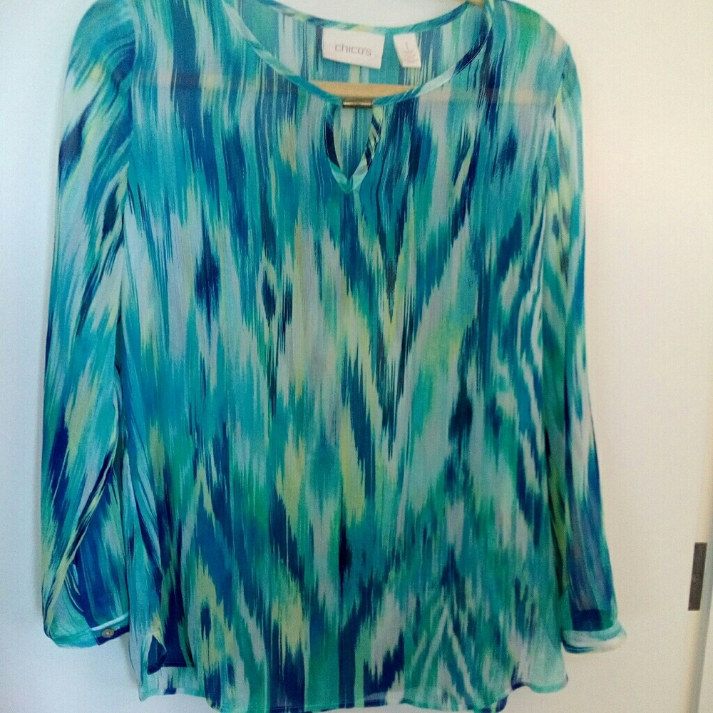 Chicos sheer blue/green tone long sleeve blouse